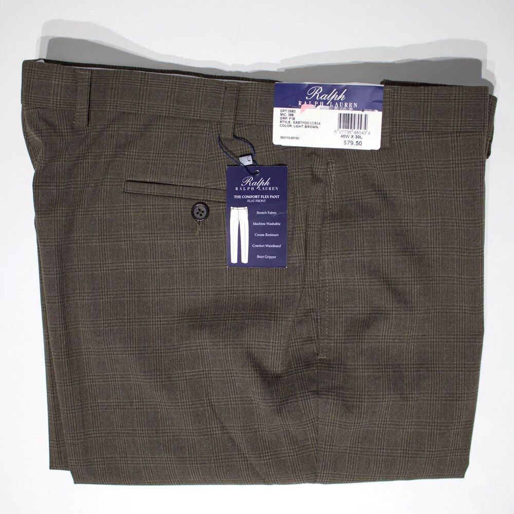 NWT $79.50 Ralph Lauren Comfort Flex Pants Stretch Light Brown Plaid Men 40x30